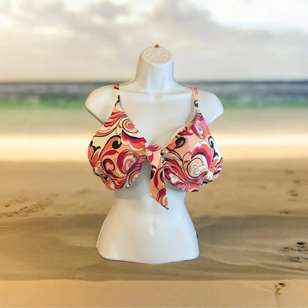 Womens Plus Size 35 C Bikini Swimsuit Top Retro Swirl Adjustable Straps Beach